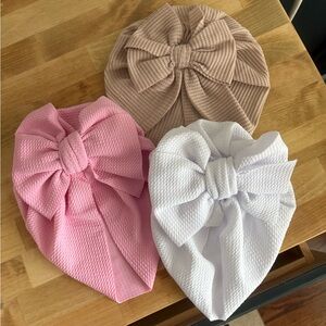 Baby Girl Bow Turban Set - Pink, White, Tan